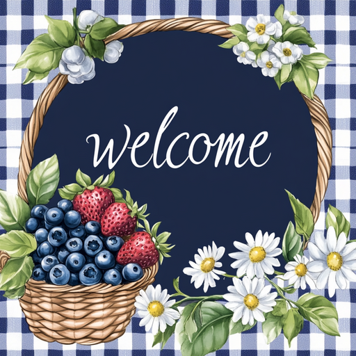 The 10 x 10 Navy Gingham Welcome Summer Sign TTE-262 features a circular script welcome on a navy gingham background, surrounded by daisies and flowers with a basket of blueberries and strawberries, making it a charming addition to any home.