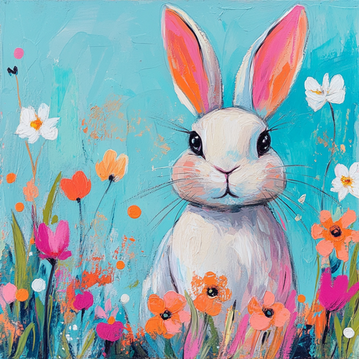 A 10 x 10 Neon Easter Bunny Sign (TTE-173) featuring a whimsical painting of a white rabbit with pink ears among vibrant orange, pink, and white flowers against a cheerful teal background.