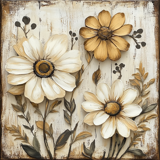 The 10 x 10 Neutral Fall Florals Sign TTE-086 features rustic artwork of three large cream and yellow flowers with dark centers, surrounded by leaves and buds, set against a distressed wooden background to capture the essence of neutral fall florals in earthy tones.