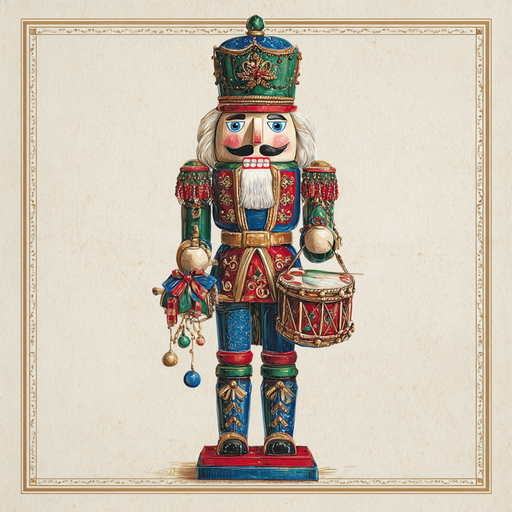 The 10 x 10 Nutcracker Soldier Christmas Sign (TTE-321) features a colorful nutcracker in a decorative uniform with a tall green hat, holding a drum and ornaments, set against a plain vintage-style background.