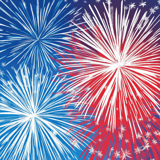 The 10 x 10 Ombré Fireworks Sign TTE-185 depicts fireworks exploding against a dark blue and red gradient sky, with shades of blue, red, and white that resemble stars and bursts for a festive atmosphere.