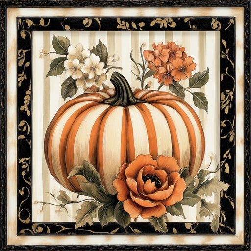 The 10 x 10 Elegant Orange/Cream Stripe Pumpkin Sign TTE-074 features an orange/cream striped pumpkin among orange and white flowers with green leaves, set on a stylish striped background and ornate black border for a charming accent.