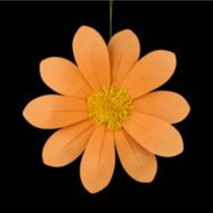 The 15.75DIA Felt Flower (FJ519199) in orange with eight petals and a yellow center is shown against a black background—ideal for unique home decor or mixing with the 6 assorted colors available.