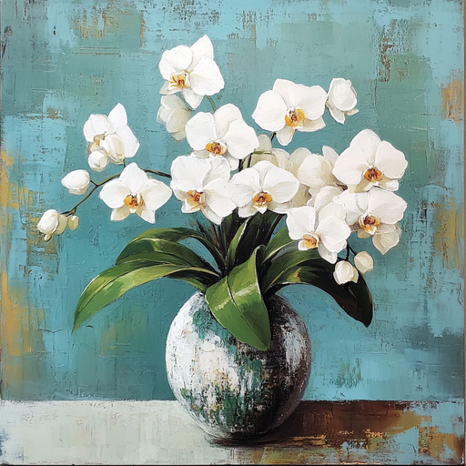The 10 x 10 Orchids in Vase Sign TTE-178 features a white orchid in bloom, set in a mottled vase with glossy green leaves against a teal background on a neutral-colored surface.