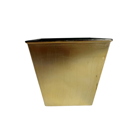 The 5 Christmas Gold Square Plastic Pot P0220XGLD features a gold rectangular tapered design with a textured surface on a white background. It has a slightly flared shape, wide opening, and narrow base, perfect for adding elegance to any setting.
