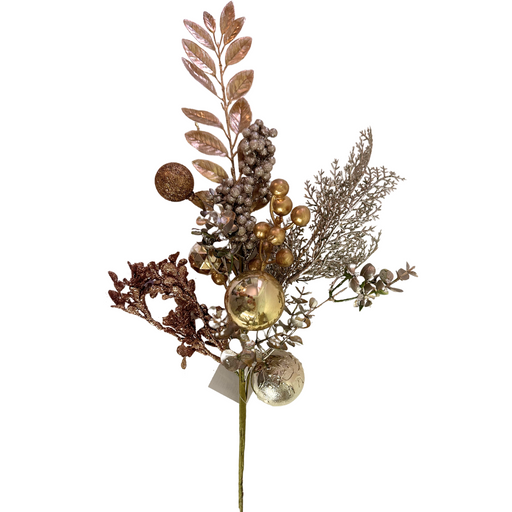 The 28 Gold and Champagne Ball & Pine Spray PA4253 GOGN features decorative gold and champagne leaves, metallic branches, and round ornaments with glittery details, creating a festive and elegant holiday decoration.