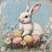 A white rabbit sits by pastel-speckled eggs and pink-white flowers on a rustic light blue backdrop—ideal for pairing with the 10 x 10 Pastel Easter Bunny Sign (TTE-197).