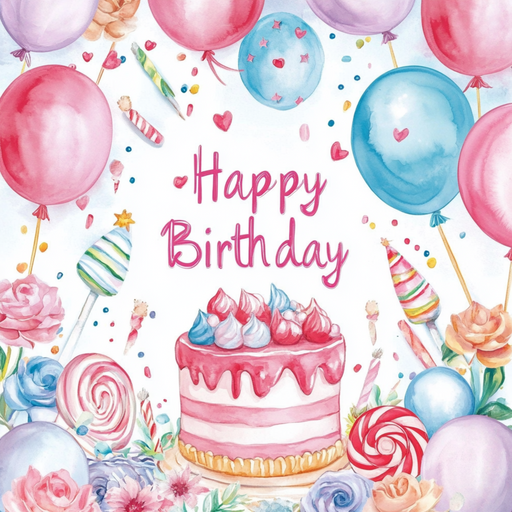 The 10 x 10 Pastel Happy Birthday Sign TTE-216 adds charm to a colorful setup of balloons, confetti, flowers, and a pink and white striped cake with candles. Candy and lollipops surround the centerpiece, creating a vibrant festive display.