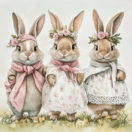 The 10 x 10 Pastel Sister Bunnies Sign TTE-158 features three adorable bunnies in floral dresses with rose headbands, standing on a grassy field with yellow and white flowers, creating a charming and whimsical look that enhances pastel decor.