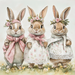 The 10 x 10 Pastel Sister Bunnies Sign TTE-158 features three adorable bunnies in floral dresses with rose headbands, standing on a grassy field with yellow and white flowers, creating a charming and whimsical look that enhances pastel decor.