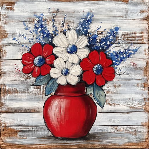 The 10 x 10 Patriotic Flowers in Red Vase Sign TTE-182 features a red vase with patriotic flowers—red, white, and blue blooms with blue and green foliage. It is set against a rustic white and brown weathered wood backdrop that evokes the feel of an old metal sign.