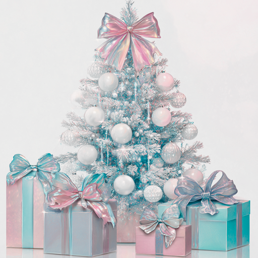 The 10 x 10 Pearlescent Christmas Scene Sign (TTE-331) features a white Christmas tree with pastel pink, silver, and mint ornaments, an iridescent bow topper, and pastel-wrapped presents—perfect for your holiday décor.
