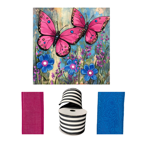 Above is a Pink Butterflies Sign with blue flowers on a textured backdrop. Below are pink and blue fabric swatches and a roll of Fuchsia Poly Linen Ribbon from the Pink Butterflies Sign and 3 Ribbon Bundle 02212025.