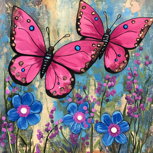 The 10 x 10 Pink Butterflies Sign TTE-212 features two pink butterflies with blue spots flying over blue and pink flowers, set against a background of metal-like shades in blue, green, and yellow, creating a vibrant garden scene.