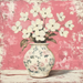 The 10 x 10 Pink Floral Vase & Orchids Sign TTE-234 showcases delicate white orchids with green leaves in a decorative pink floral vase, set against a textured pink background and adorned with small pink and blue floral patterns.