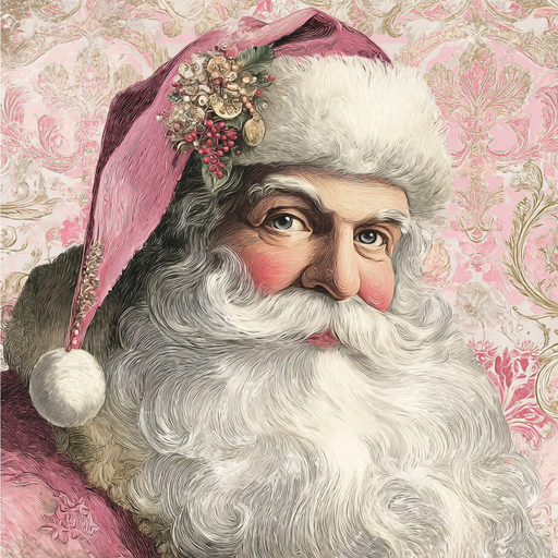 The 10 x 10 Pink Victorian Santa Sign (TTE-314) features a rosy-cheeked Santa with a white beard and a flower-topped pink hat, set against an ornate pink and cream background.