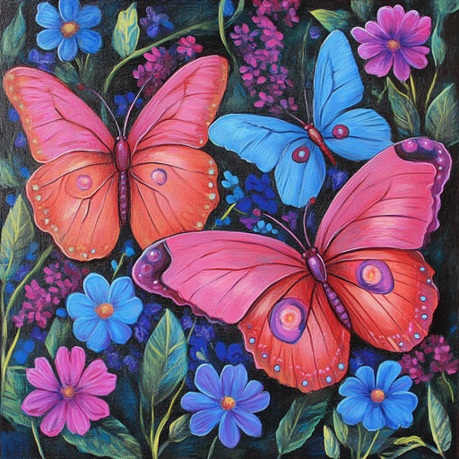 The 10 x 10 Pink & Blue Butterflies Sign TTE-214 showcases two large pink butterflies and one blue butterfly among bright blue, purple, and pink flowers with green leaves on a dark background.