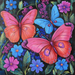 The 10 x 10 Pink & Blue Butterflies Sign TTE-214 showcases two large pink butterflies and one blue butterfly among bright blue, purple, and pink flowers with green leaves on a dark background.