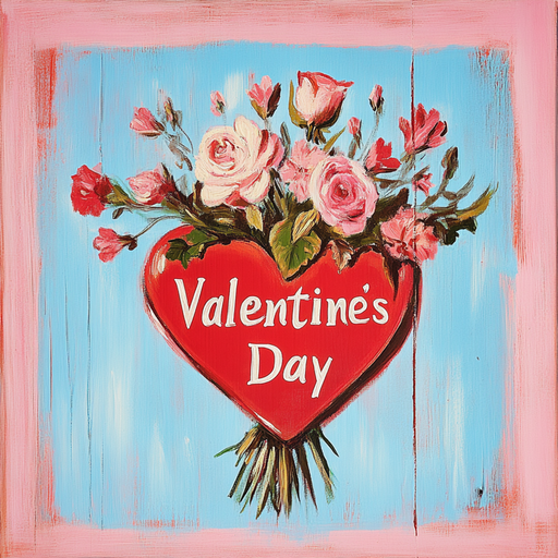 The 10 x 10 Pink & Blue Valentines Day Sign TTE-145 features a painted heart with Valentines Day text, adorned with pink and white roses on a pastel background for a festive, romantic touch.