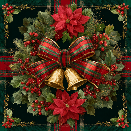 The 10 x 10 Plaid Jingle Bell Christmas Sign (TTE-317) features a festive wreath with poinsettias, holly, pine branches, gold bells, and a red-green plaid bow on a charming plaid background—perfect for holiday decor.
