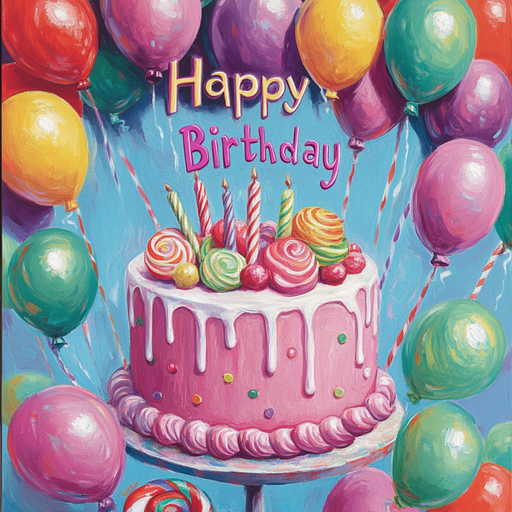 The 10 x 10 Primary Happy Birthday Sign TTE-215 showcases a festive illustration with a pink frosted cake topped with candles and lollipops. The background is filled with vibrant balloons, and Happy Birthday is joyfully written above the cake in cheerful lettering.