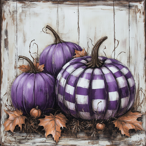 The 10 x 10 Purple & White Check Pumpkins Sign (TTE-042) features three purple and white check pumpkins with autumn leaves and twigs on a rustic white wood background—ideal for fall decor.