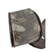 The 2.5 Gray Burlap with Golden Pinecones Ribbon R32927 features dark gray burlap with metallic silver and gold pinecone and leaf patterns, partially unrolled to showcase its textured design, ideal for crafts or gift wrapping.