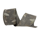 A partially unwound 2.5 gray burlap ribbon, product R32927, showcases its elegant design with golden pinecones and pine needle patterns.
