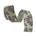 A roll of 2.5" Gray Burlap with Gray Poinsettia Wired Ribbon R32934, featuring a gray floral and poinsettia pattern with leaves. The wired ribbon is partially unrolled and curled slightly to highlight its textured design.