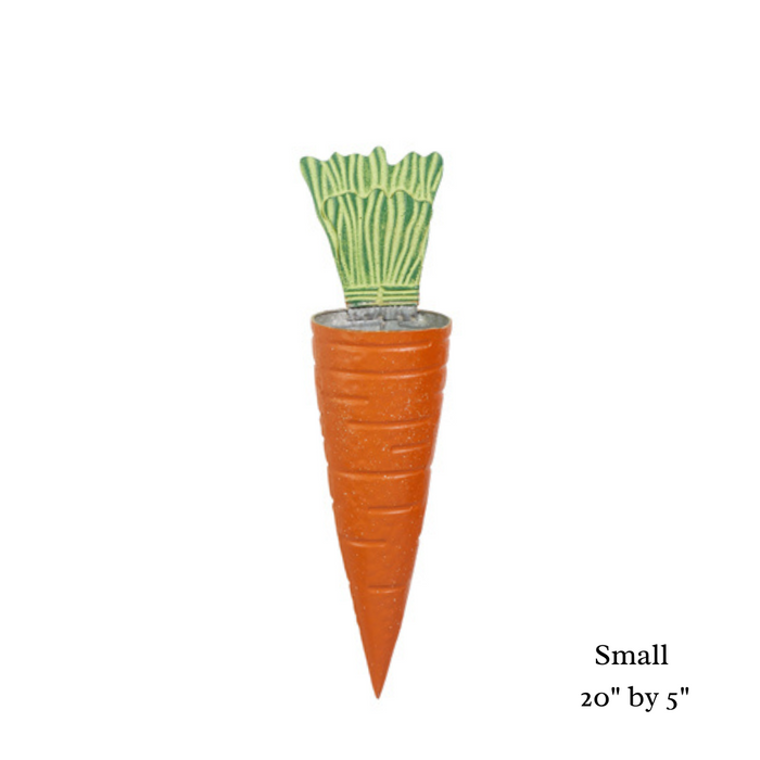 The Assorted Orange Metal Carrot Wall Bucket 4411207 is a small, cone-shaped planter resembling a carrot, with green top details, measuring 20x5 inches. Its a charming decor addition and pairs well with our Orange Assorted collection for a vibrant display.