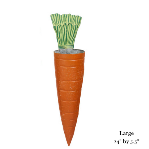 The Assorted Orange Metal Carrot Wall Bucket (4411207) features a textured metal carrot shape with a green fabric-like top, measuring 24 by 5.5. Ideal for home decor.