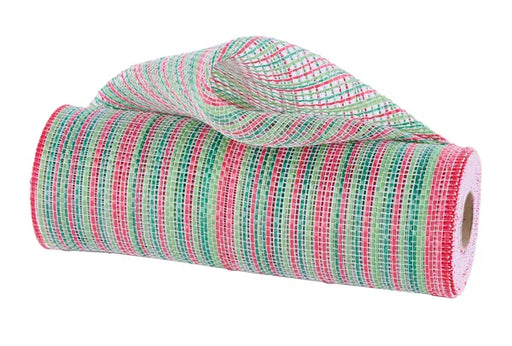 A 10X10YD Red Lime Emerald White Vertical Multicolor Stripe Mesh (RE1369XX) roll, partially unrolled and displayed on a white background.