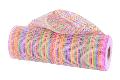The 10X10YD Yellow Orange Purple Hot Pink Lime Vertical Multicolor Stripe Mesh (RE1369YC) displays a vivid mix of stripes and is partially unrolled, with the loose end draped over the roll.