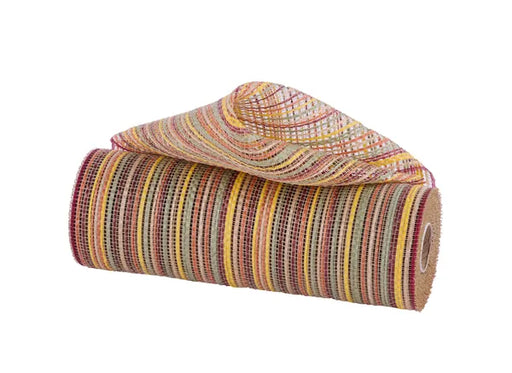 The 10X10YD Orange Sage Burgundy Yellow Tan Cream Vertical Multicolor Stripe Mesh (RE1369YJ) features vibrant stripes and is shown partially unrolled against a white background.