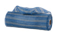 A roll of the 10"X10Yd Horizontal Wide Stripe Mesh in smoke blue and cream, partially unrolled, reveals its woven pattern featuring horizontal wide cream stripes and a distinct mesh texture. It rests on a plain white background, highlighting its structure and layered appearance.