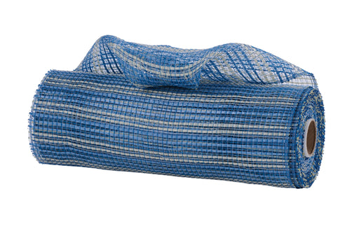 A roll of the 10"X10Yd Horizontal Wide Stripe Mesh in smoke blue and cream, partially unrolled, reveals its woven pattern featuring horizontal wide cream stripes and a distinct mesh texture. It rests on a plain white background, highlighting its structure and layered appearance.