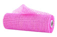 A 10X10Yd Hot Pink Red and Gold Metallic Poly Mesh (RE890511), partially unrolled, is displayed on a white background. The cylindrical mesh features a grid-like pattern.