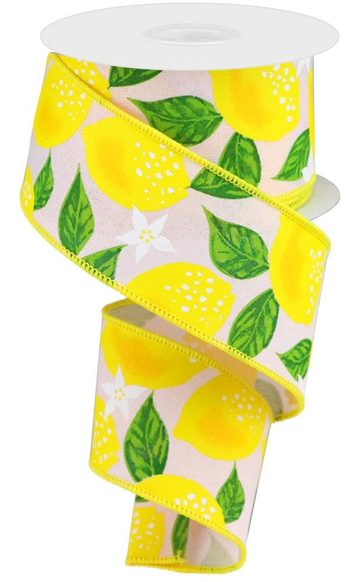 A partially unrolled spool of decorative wired ribbon flaunts a vibrant design with bright yellow lemons, green leaves, and white flowers on a royal powder pink background. It measures 2.5x10yd and is identified as the Lemons On Royal Powder Pink, Yellow And Green RGA118615.