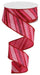 A spool of 1.5 x 10yd ribbon (RGB130111) with hot pink, red, pink, and white multi diagonal stripes and glitter accents is shown unspooled in a loose spiral.