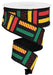 The 1.5 X 10Yd Black/Yellow/Green/Red Brush Stroke Stripes (RGC13149R) ribbon features a vibrant geometric pattern with brush stroke stripes in red, yellow, and green on a bold black background, creatively blending rectangles and dots for an eye-catching effect.