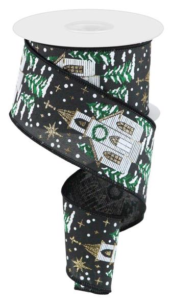 The 2.5" X 10Yd Black/Gold/White/Green Winter Church ribbon (RGC169302) features a festive design with white houses, green trees, and gold snowflakes on a black background. This wired ribbon is ideal for effortless shaping and adding seasonal charm.