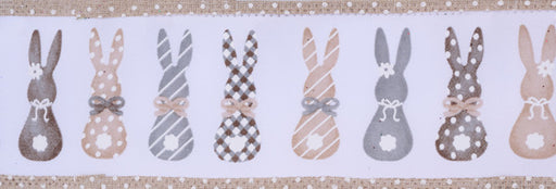 The 2.5X10YD White Multi Brown Grey Bunny Silhouettes/Swiss Dots Ribbon (RGC827127) features eight unique bunny designs in gray, beige, and light brown with striped, polka-dot, and gingham patterns. Each has a Wired Swiss Dots Ribbon bow on a white background.