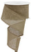 A 2.5X10Yd Light Beige Faux Burlap Ribbon (RGE140201) is unrolling in a loose spiral, showing its coarse and textured weave.