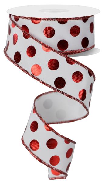 A spool of 1.5x10yd white/red metallic polka dots ribbon (RGE166427) with red-edged trim, partially unrolled in a spiral shape.