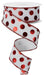 A spool of 1.5x10yd white/red metallic polka dots ribbon (RGE166427) with red-edged trim, partially unrolled in a spiral shape.