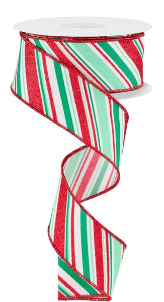 A partially unrolled spool of 1.5 X10Yd White/Mint/Jade/Red Diagonal Stripe Ribbon (RGE1824AN) with glittery red edges curls downward, displaying its festive stripes.