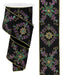 The 2.5 X10Yd Black/Mardi Gras Ornate Loop Diamond Ribbon RGE192402 features black fabric with intricate gold, purple, and green glitter floral and diamond patterns, finished with elegant gold-trimmed edges along its length.