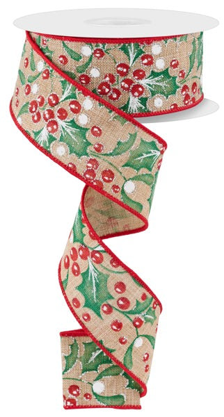 A 1.5 x 10yd ribbon (Beige/Jade/Mint/Red/White/Silver) with holly berry and mistletoe design, green leaves, white berries, and red trim. Product: Holly Berry/Mistletoe/Royal Ribbon RGF107601. Partially unrolled in a curl.
