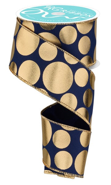 The 2.5 X 10Yd Navy/Gold Gold 3 Size Multi Dots RGF113619 Ribbon features bold metallic gold polka dots—ideal as wired ribbon for eye-catching gift wrapping or festive decor.