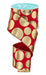 The 2.5"X10Yd Gold 3 Size Multi Dots Red/Gold RGF113624 ribbon spool highlights eye-catching gold metallic polka dots against a vivid red backdrop. The ribbon is artfully unraveled and coiled, elegantly displaying the design.